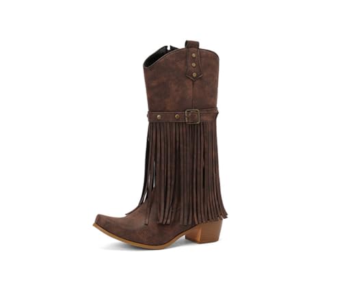 OTMYIGO Botas Vaqueras de Media Pantorrilla Ancha con Flecos para Mujer, Estilo Vintage, con Cremallera, Punta Puntiaguda y tacón Alto para Fiesta,Marrón,37 EU