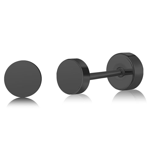 ZDE Titan Damen flach zurück Ohrstecker Frauen hypoallergene Ohrringe für empfindliche Ohren einfach klassisch 4mm flach Ohrstecker perfekt für Helix Tragus Knorpel (Black)