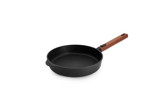 Woll Eco Logic QXR - Sartén plana de hierro fundido (inductiva, diámetro de 24 cm, 5 cm de alto, con mango de madera sostenible extraíble, apta para todo tipo de cocinas, sin PFAS, revestimiento