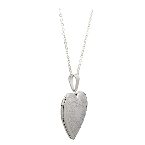 Paialco Stainless Steel Heart Shaped Locket Pendant Necklace, Royal Flowers Engraved, White Gold Tone #TOP3