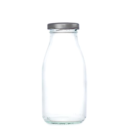Wares of Knutsford 250ml Mini Glass Milk Bottles with Silver Twist Lids – Perfect Drink Containers for Juices, Smoothies, Shots & Gatherings