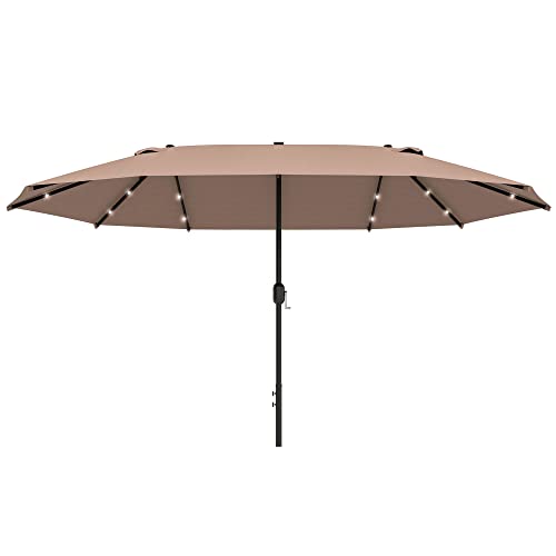Outsunny 4.4m Double-Sided Sun Umbrella Garden Parasol Patio Sun Shade Outdoor with LED Solar Light, NO BASE INCLUDED, Khaki