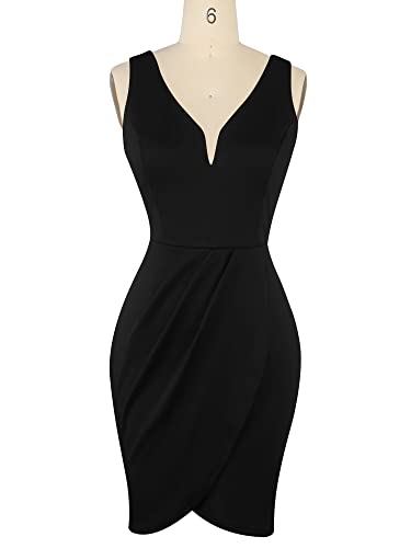 Oxiuly Women's Wrap V Neck Bodycon Ruched Cocktail Party Dress Chic Church Wedding Club Pencil Dresses Ox345 (Black, S) #TOP1