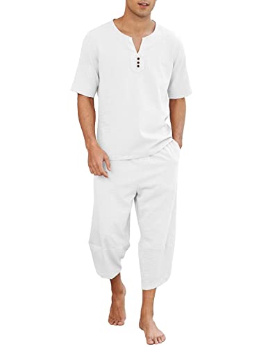 Ensemble Deux Pièces en Coton Et Lin pour Hommes Printemps Été Nouvelle Couleur Unie Col Henley Chemise à Manches Courtes Et Short 2 Pièces Ensemble Blanc XL Cover