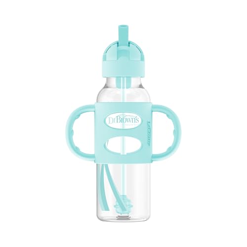 Image of Dr. Brown's Milestones Narrow Sippy Straw Bottle, Spill-Proof with 100% Silicone Handles and Weighted Straw, 8 oz/250 mL, Green, 6m+