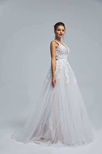 Image of Spaghetti Chiffon Beach Wedding Dress V Neck A line Bridal Gowns Lace Plus Size Wedding Dress
