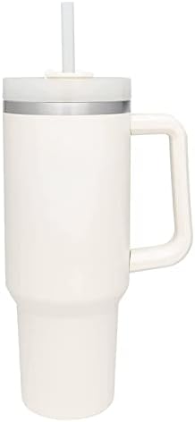 40 oz Tumbler With Handle and Straw Lid, Double Wall Vacuum Sealed Stainless Steel Insulated Tumblers, Travel Mug for Hot and Cold Beverages, Thermos Travel Coffee Mug (White)