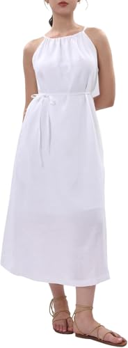 Amazhiyu Kleider Sommer Leinenkleid Damen Sommerkleid Strandkleid Lang 100% Leinen Maxikleid Damenkleider Neckholder Freizeitkleid Mit Gürtel und...