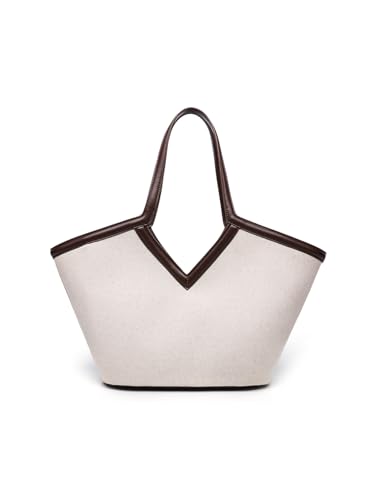 Bolsa tote de lienzo con monedero a juego, ribete de cuero marrón, diseño en V, beige miniatura 1