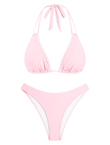 Image of ZAFUL Women Halter Dual Straps Whip Stitch Floral Triangle Bikini Swimsuits