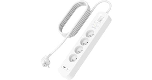 Belkin 4-Fach Steckdosenleiste mit Überspannungsschutz, Wandmontage, 4 Steckdosen, 2-m-Netzkabel, grüne Leuchtanzeige, USB-C- und USB-A-Anschluss mit USB-C PD zum Schnellladen; Schutz für 525 Joule