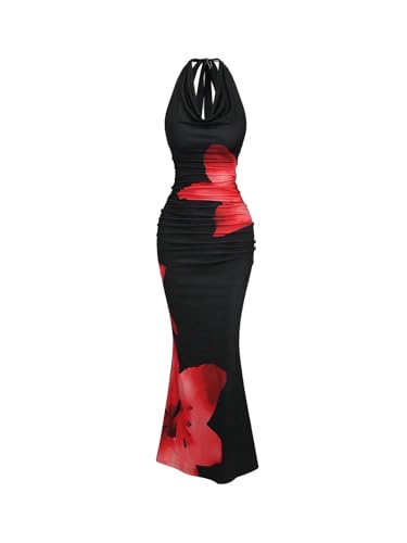 Image of GORGLITTER Women's Halter Formal Cocktail Beach Wedding Guest Maxi Dresses | Cinched Waisted Dress, Cowl Neck Dress, Birthday Club Dresses, Date Night Going Out Dress for Women