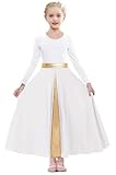 ELLYDOOR Girls Long Sleeve Praise Dance Dress Swing Skirt Liturgical Worship Costume Church Robe Dancewear Tag 130, White