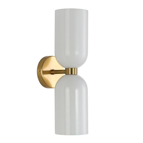 Image of EFINEHOME Minimalist 2-Light Gold Wall Sconces with Cylinder Glass Shades- Mid Century Vanity Wall Double Lights Hardwired- Modern Indoor Glass Wall Mounted Art Decor Lights (Milky White, 1 Pack)