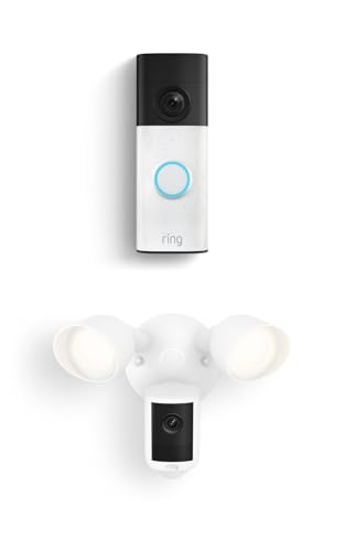 Image of Ring Battery Doorbell (newest model), Speckled White with Floodlight Cam, Wired (newest model), White