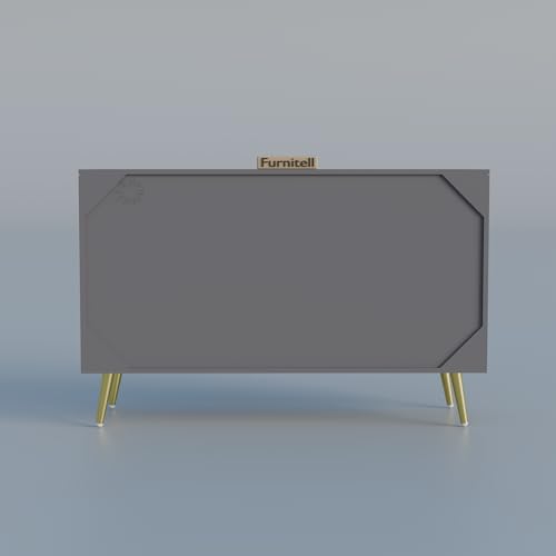 Image of Modern Wooden Storage Cabinet with 2 Doors | Geometric Design Sideboard /Cupboard for Living Room | Multipurpose Organizer for Bedroom & Entryway | HDMR Premium Wood | Gold Metal Legs(Grey)