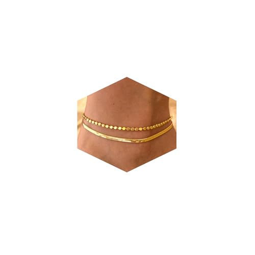 Image of Risamil 14K Gold Plated Ankle Bracelets for Women, Anklets for Women Waterproof Layered Ankle Bracelets for Women Teen Girl Herringbone Anklet Set Summer Foot Jewelry Gifts