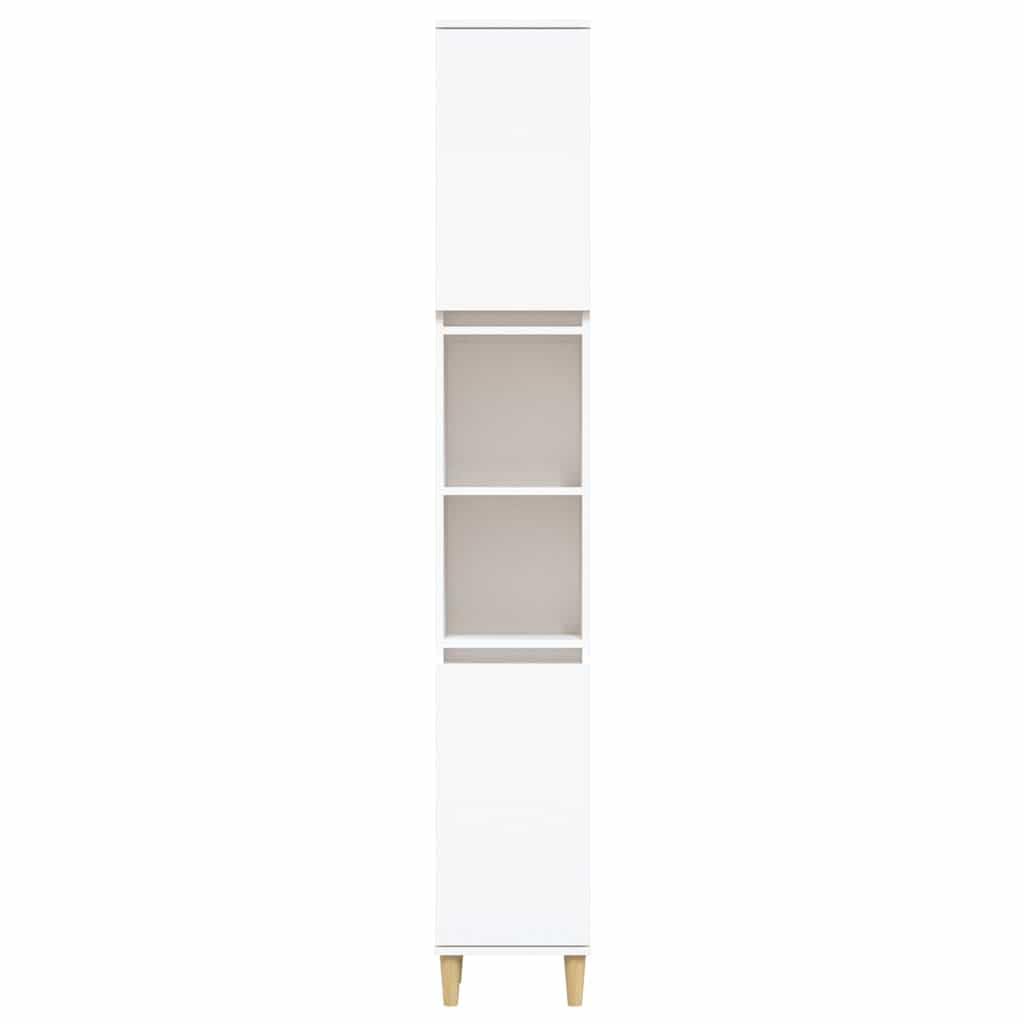 Szafka łazienkowa, biała, materiał drewnopochodny, 30 x 30 x 190 cm, z 6 półkami i 2 drzwiami, nogi z litego drewna eukaliptusowego, miejsce do przechowywania, meble łazienkowe do łazienki