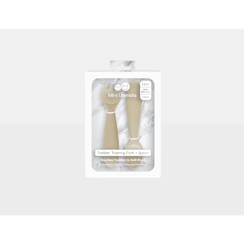 Image of ezpz Mini Utensils - 100% Food Grade Silicone + Nylon Self Feeding Spoon & Fork for Baby /Toddler Led Weaning + Purees - Designed by a Pediatric Feeding Specialist - Sensory Bumps - 12 Months+ (Oat)