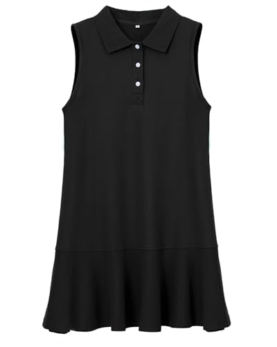 Image of YEXPINE Women's Sleeveless Polo Dress Ruffle Hem Lapel V Neck T-Shirt Summer Mini Dresses