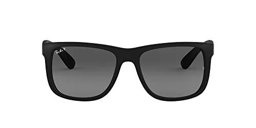 Ray-Ban Unisex RB4165F Justin Low Bridge Fit Rectangular Sunglasses, Rubber Black/Polarized Light Grey Gradient Grey, 55 mm