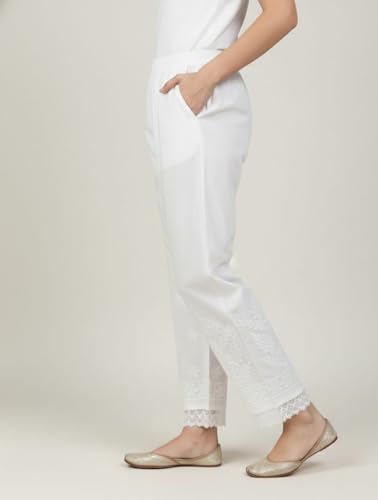 Image of Women's Cotton Palazzo Pants with Chikankari Embroidery, White, Mid Rise Regular fit, Casual Ethnic Wear