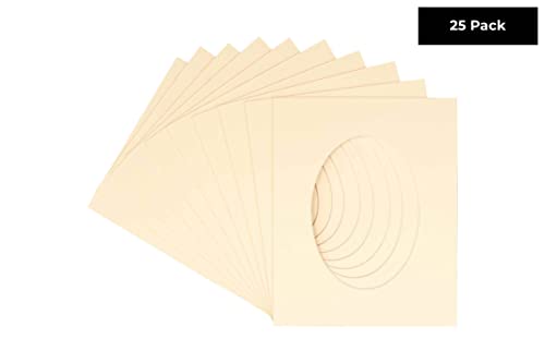 CountryArtHouse Cream Acid Free 8.5x11 Oval Picture Frame Mat with White Core Bevel Cut for 6x8 Pictures - Fits 8.5x11 Frame - Pack of 25 Matboard Show Kits with Acid Free Backings & Clear Bags