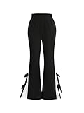 Verdusa Women's Bowknot Floral Lace Flare Pants Bell Bottom High Waisted Long Trousers Black Medium