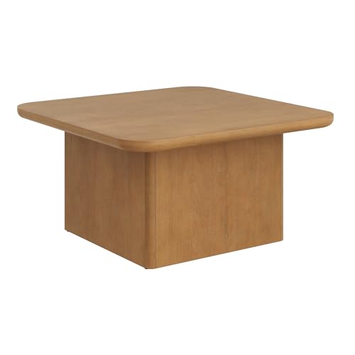 Image of Nathan James Rein Organic Modern Coffee Table, Rustic Wood Square Coffee Table with Rounded Edge, Pedestal Coffee Table for Living Room, Light Brown