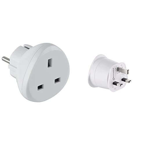 electraline 70058 adaptateur de voyage uk vers france/europe, blanc & 70053 adaptateur de voyage france/europe vers uk 2 broches europe vers 3 broches uk, white