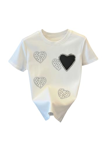 Image of RoseSeek Women's Beaded Sequin Tops Bowknot Bow T Shirt Short Sleeve Crewneck Trendy Tee Top Y2k Tops