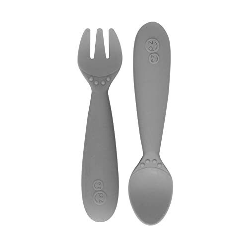 Ezpz Mini Collection Set (Gray) - 100% Silicone Cup, Fork, Spoon & Mini Mat Suction Plate With Built-In Placemat For Infants + Toddlers - First Foods + Self-Feeding - 12 Months+ #TOP3