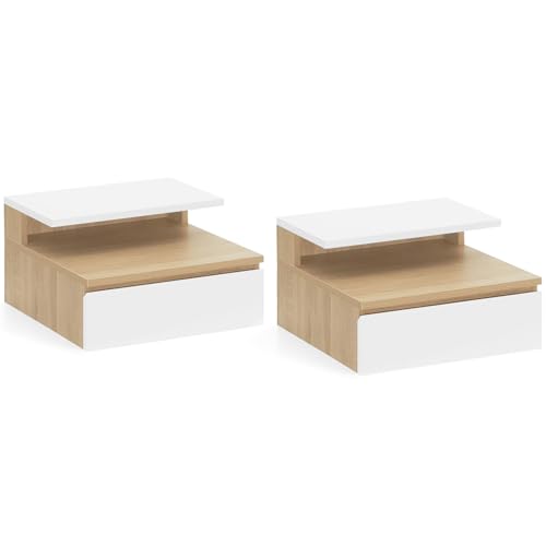 IDMarket TOMI - Juego de 2 mesitas de noche para pared, 1 cajón + 1 estante colgante + 1 estante de haya y blanco