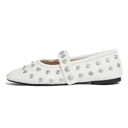FOWT Women Fashion Round Toe Studded Ballet Flats Single Strap Comfortable Mary Jane Flats Ballroom Party Prom Dating Shoes Size 4-16 US