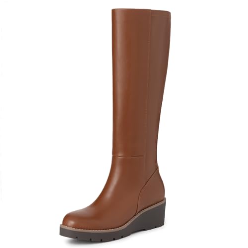 Athlefit Brown Knee High Boots for Women Wedge Platform Comfortable Casual Fall Long Tall Boots Size 7