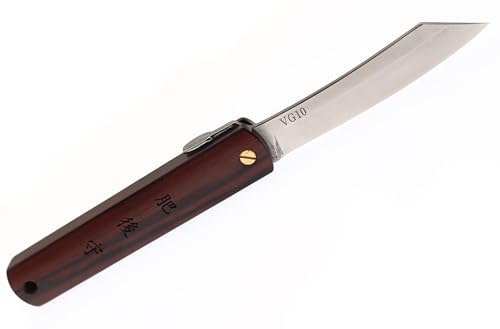 HIGO NO KAMI Couteau de Poche Pliant Japonais Artisanal Nagao Kanekoma Estampillée, Lame en Acier Inoxydable VG-10 et Manche en Bois, Boitier de Rangement,...