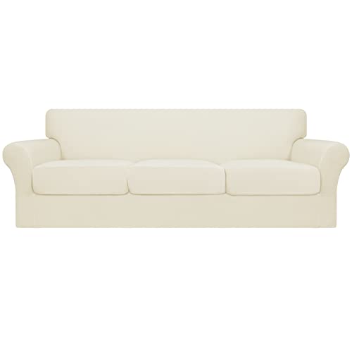 Image of Easy-Going 4 Pieces Oversized Stretch Couch Cover for Dogs Washable | Sectional Sofa Slipcover for 3 Separate Cushion Couch - Elastic Furniture Protector for Pets, Kids Ivory