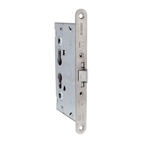 Amig - Cerradura Homologada para Puertas Cortafuego Mod. 6572-65 x 72 mm - Doble Nueca y Alojamiento para Cilindro - Acero Inoxidable Mate - Certificada y sin función Antipánico - Canto redondo