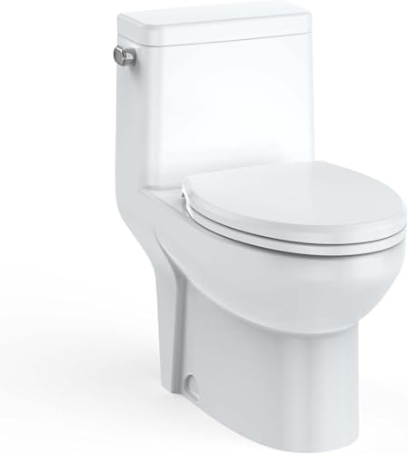 Inodoro de una pieza con diseño cerámico alargado, tapa de polipropileno de cierre suave, superficie fácil de limpiar, descarga eficiente de agua y construcción compacta y duradera miniatura 1