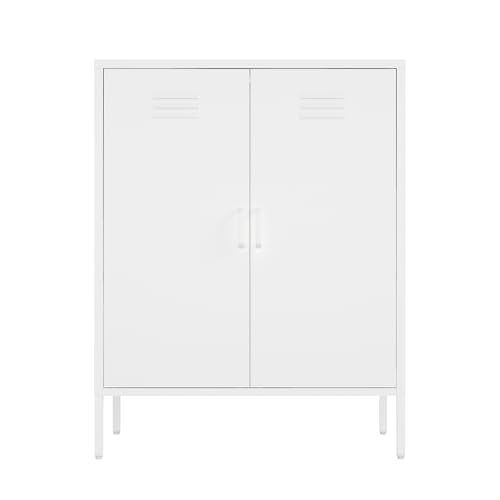Manhattan Comfort Naomi Modern Metal Accent Cabinet, Minimalist Storage Cabinet with Doors & Adjustable Shelves, Vented Doors, Sturdy Steel Build, Versatile & Multi-Purpose Home Furniture, White