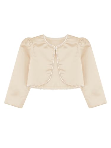 Kids Girls Elegant Pearl Satin Shrug Jacket Long Sleeve Cropped Bolero Open Cardigan Cover Up3