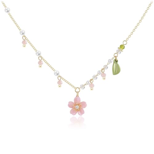 Lily of the Valley Pearl Necklace Cheery Blossm Daisy Green Paint Leaves and Lily Flower Pearl Pendant Floral Tassel Charm Pink Flower Wedding Jewelry for Women