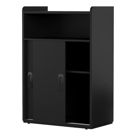 Adjustable Storage Cabinet with Sliding Doors, Multi-Functional Organizer with 2-Tier Shelves, Height-Adjustable Design, Compact Cabinet for Small Spaces, Bedroom, Living Room, or Office (Black) Cover