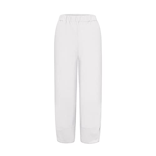Qwentmtnty Plus Size Capris Pants For Women Cotton Linen Wide Leg Casual Summer Comfy High Waisted Loose Crop Pants Pockets D-White #TOP3