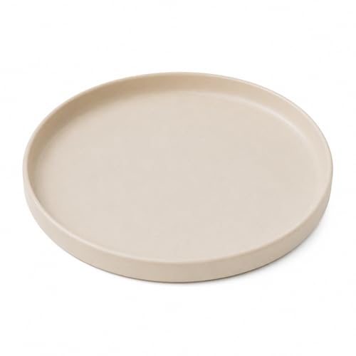 Image of TRESA Stoneware Ceramic Dinner Plate, White with Brown Rim, 10.5 Inch
