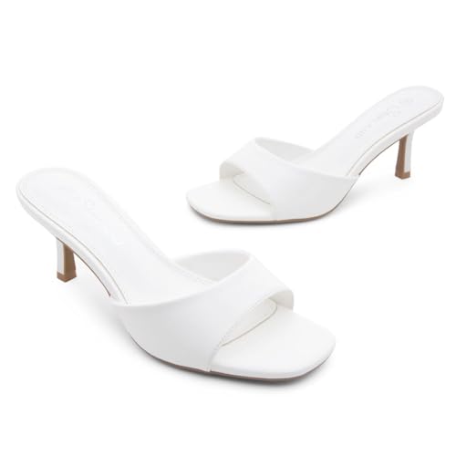 Image of Shoe Land Women's Low Heels Stiletto Heeled Slides, Open Toe One Band Slip-On Heeled Mules - Dressy Heeled Sandals for Prom, Party Wedding and Vacation