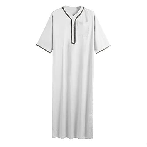 Mens Kaftan Robe Short Sleeve V Neck Muslim Dress Solid Loose Fit Button Kaftan Muslim Long Gown with Pocket Thobe2