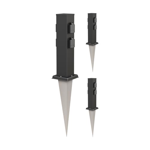 ledscom.de 3 pzas Toma de jardín Pilar Polly con pincho de Tierra para Exteriores, IP44, 4 vías, Acero Inoxidable, Angular, Negro, 40cm