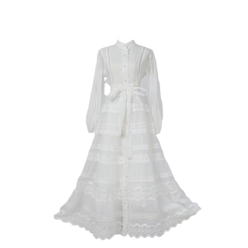 Pulcykp Women Flower Embroidery Lace Evening Party Dress Long Sleeve Pearls Button Prom Maxi Dresses White XL(12)