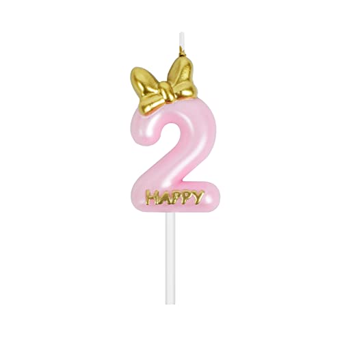 Velas de aniversário rosa com números e coroa dourada, decoração para bolos de aniversário, festas, casamentos, aniversários, altura de 9 cm - número 2